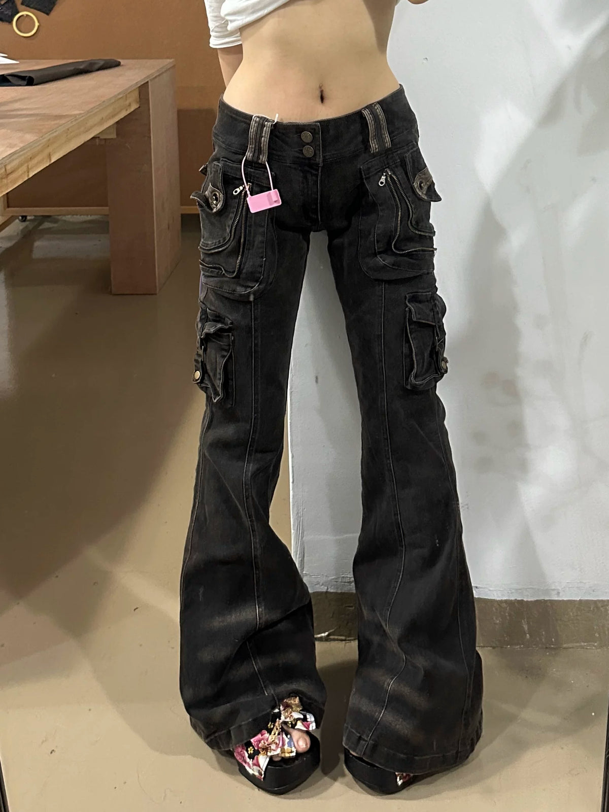Multi-Pocket Stretch Flare Denim Pants