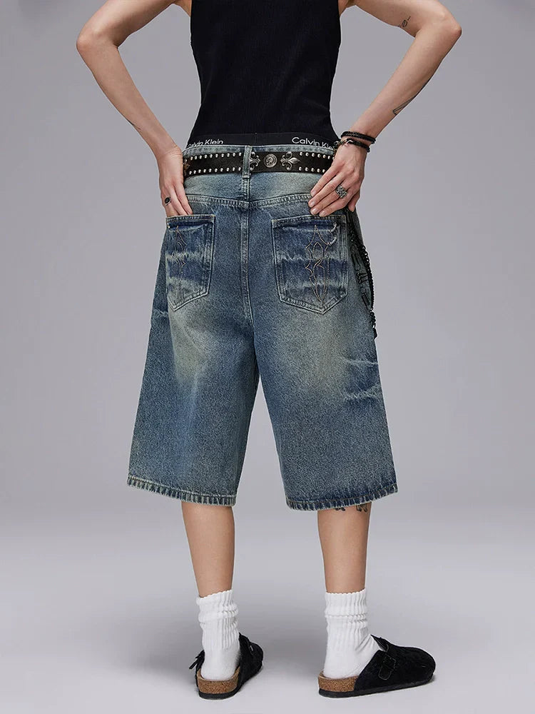 Washed Whisker Design Wide Leg Denim Short