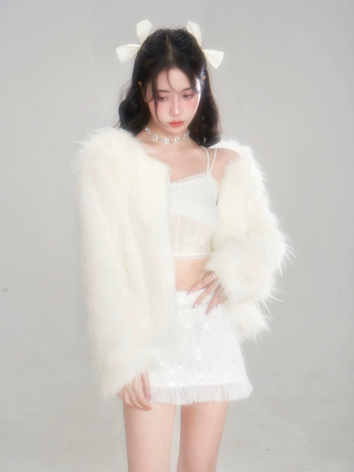 Eco Fur Warm Jacket & Short Skirt & Long Skirt Setup
