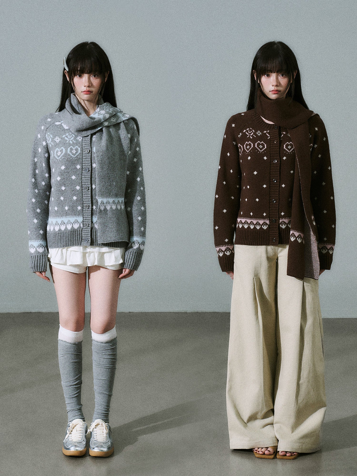 Fair Isle Pattern Wool Blend Scarf Knit Cardigan