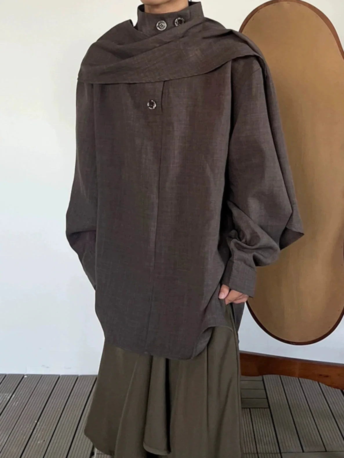 Stand Neck Scarf-Tie Long Sleeve Shirt