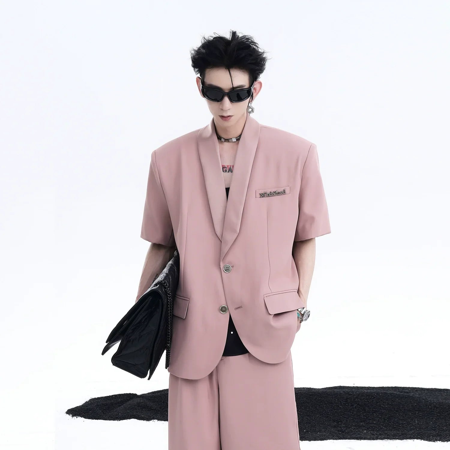 Oversize Short Sleeve Tailored Jacket & Wide-Leg Straight Shorts Setup