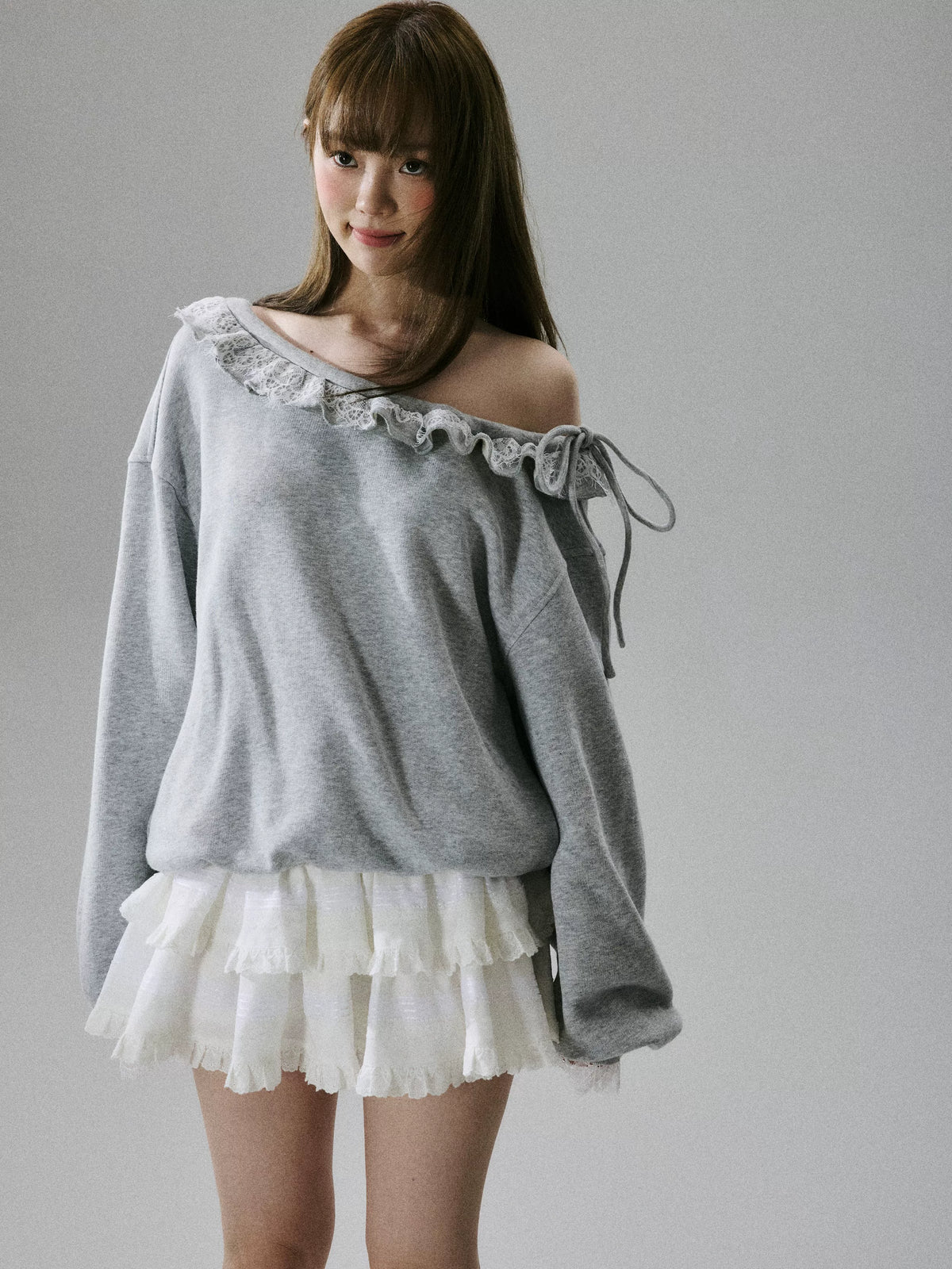 Off-Shoulder Lace Trim Sweatshirt