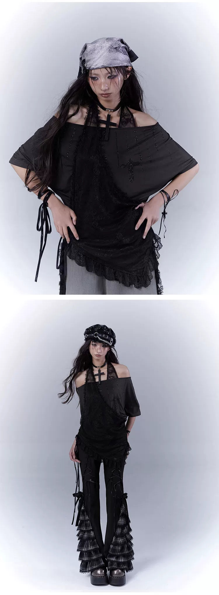Lace Patchwork Halter Neck Rhinestone Oversize Short Sleeve T-Shirt