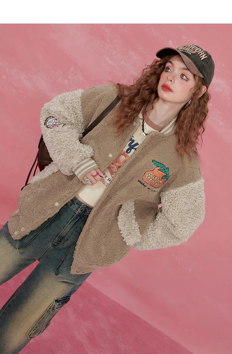 Colorblock Embroidery Fleece-Lined Baseball Jacket