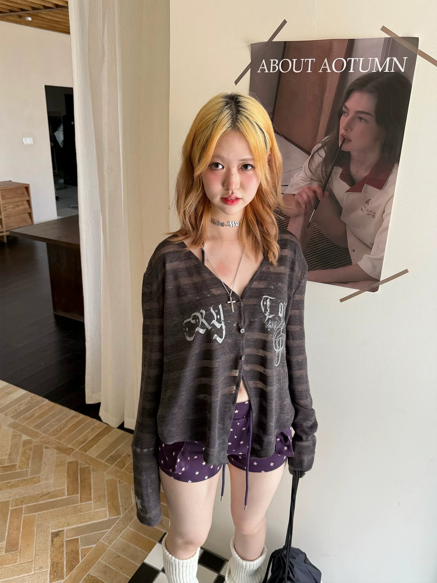 Striped Note Print Star Print Cardigan