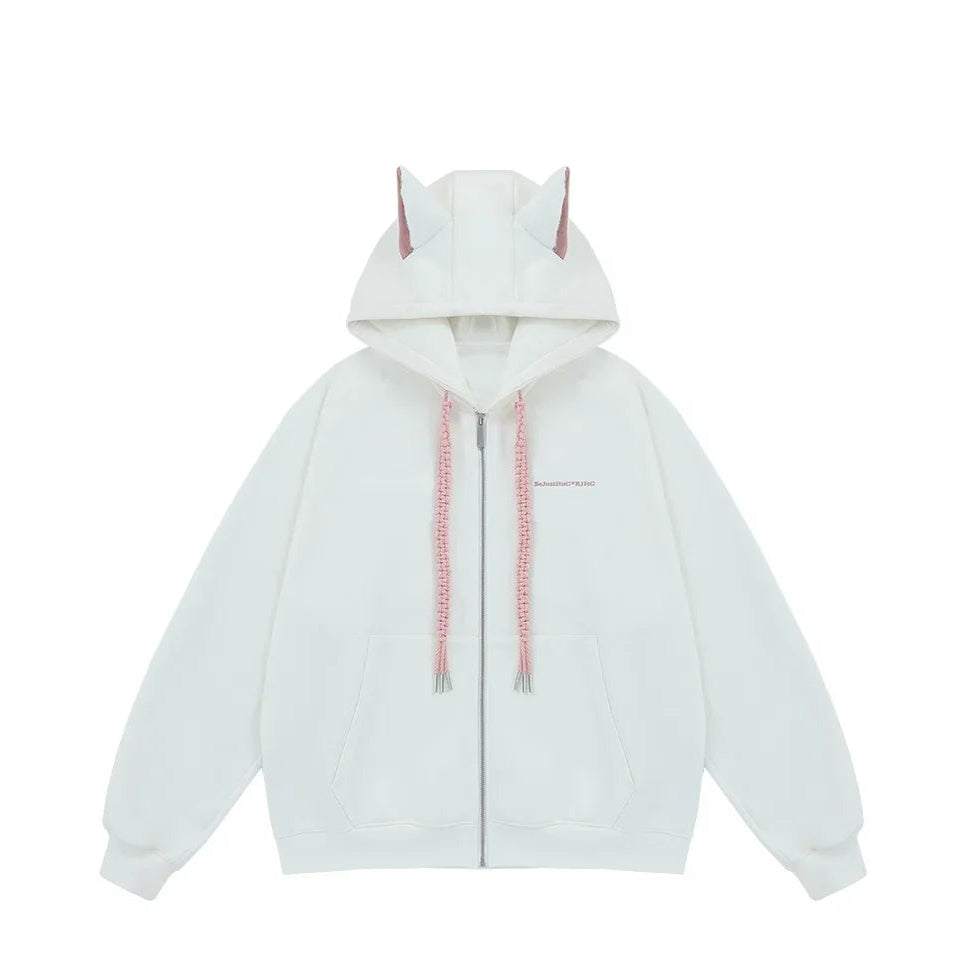 Ear Fleece Oversize Zipper Hoodie