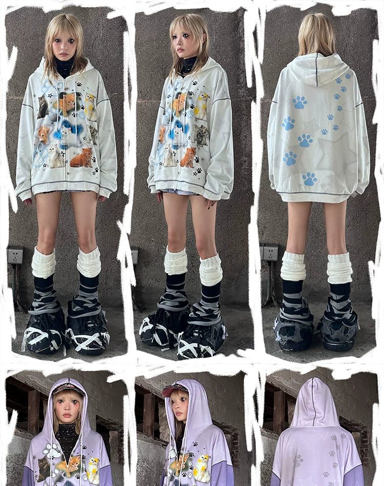 Cat Print Zipper Hoodie