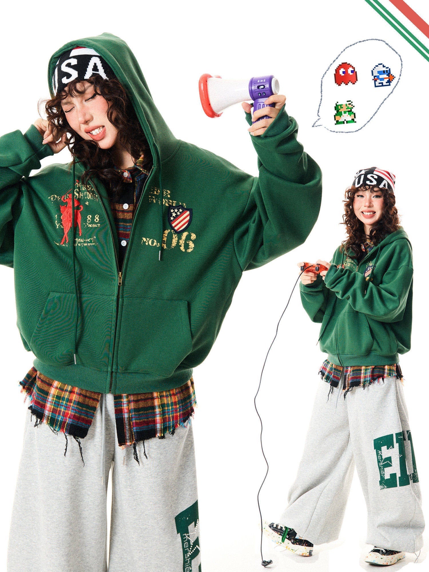 Letter Embroidery Washed Zipper Hoodie