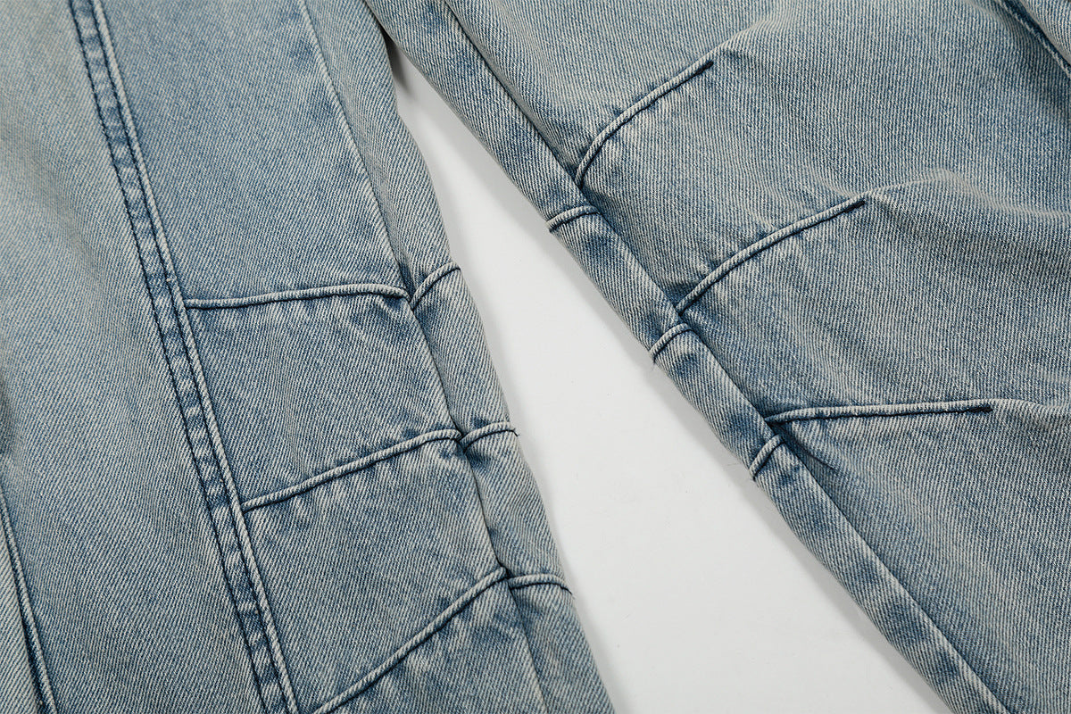Washed Curved Multi Pocket Wide Leg Cargo Denim Jeans