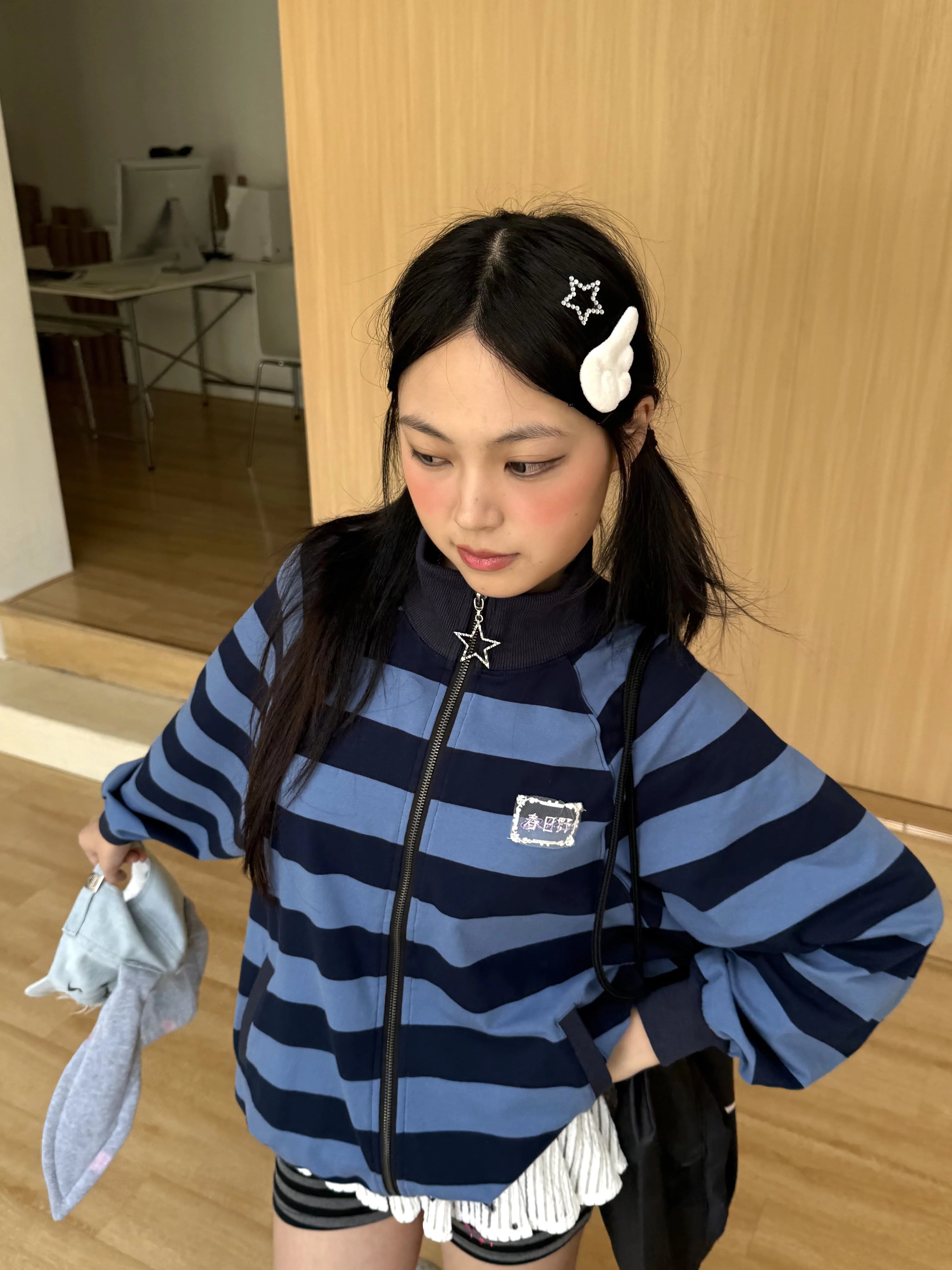 Striped Oversize Stand Collar Zipper Jacket