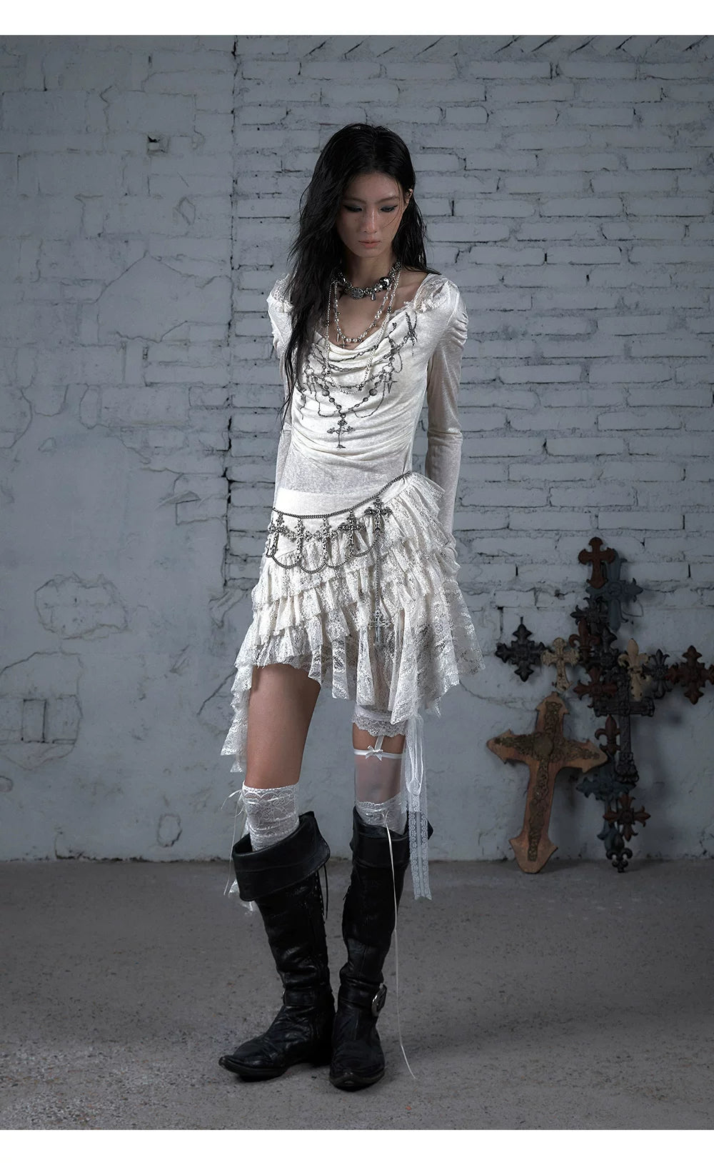 Lace Hooded Asymmetric Ruffle Dress