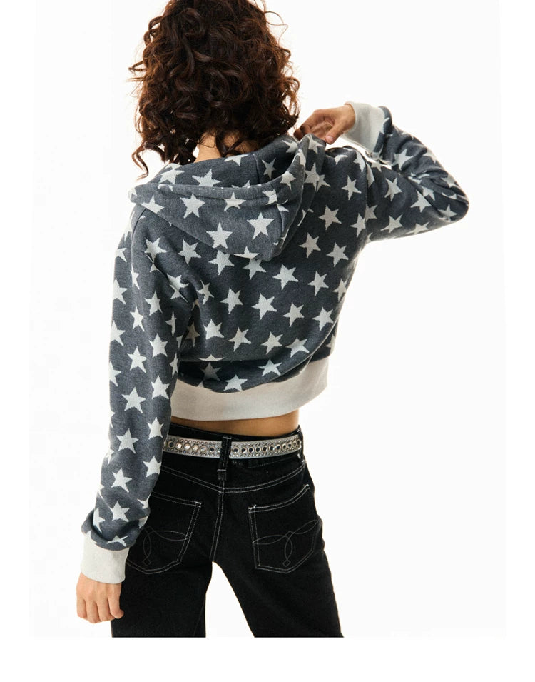 Star Print Cropped Zip-Up Hoodie