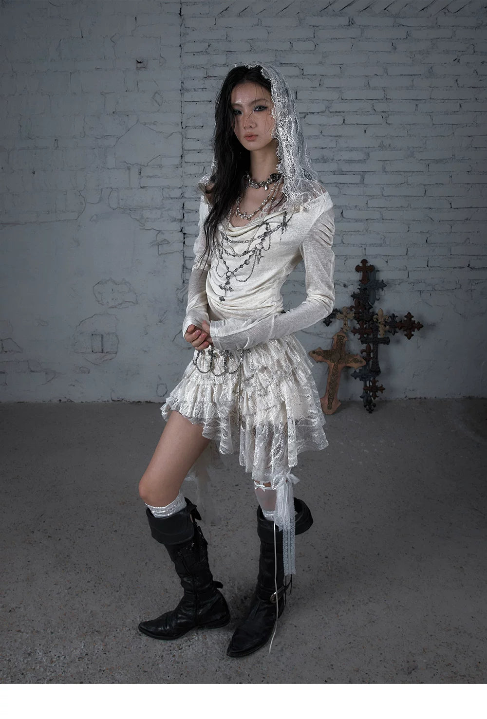 Lace Hooded Asymmetric Ruffle Dress