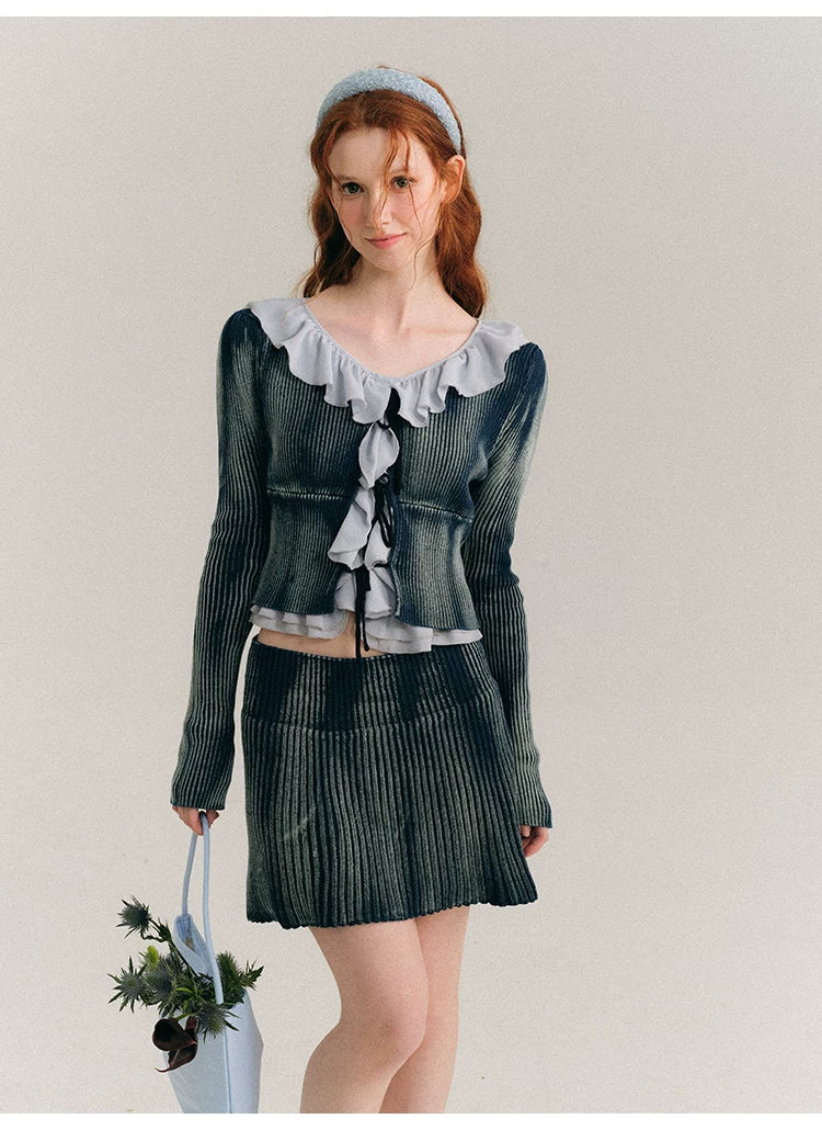 Frill Knit Cardigan & Short Rib Knit Skirt Setup