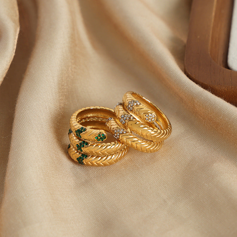 Retro Gold-Plated Snake Ring with Green Gemstones, Vintage-Inspired Jewelry, Women's Statement Accessory, Stackable Band with Rhinestones, Popular Fashion Trend, Ideal Gift for Her, Best Seller in Antique Rings.