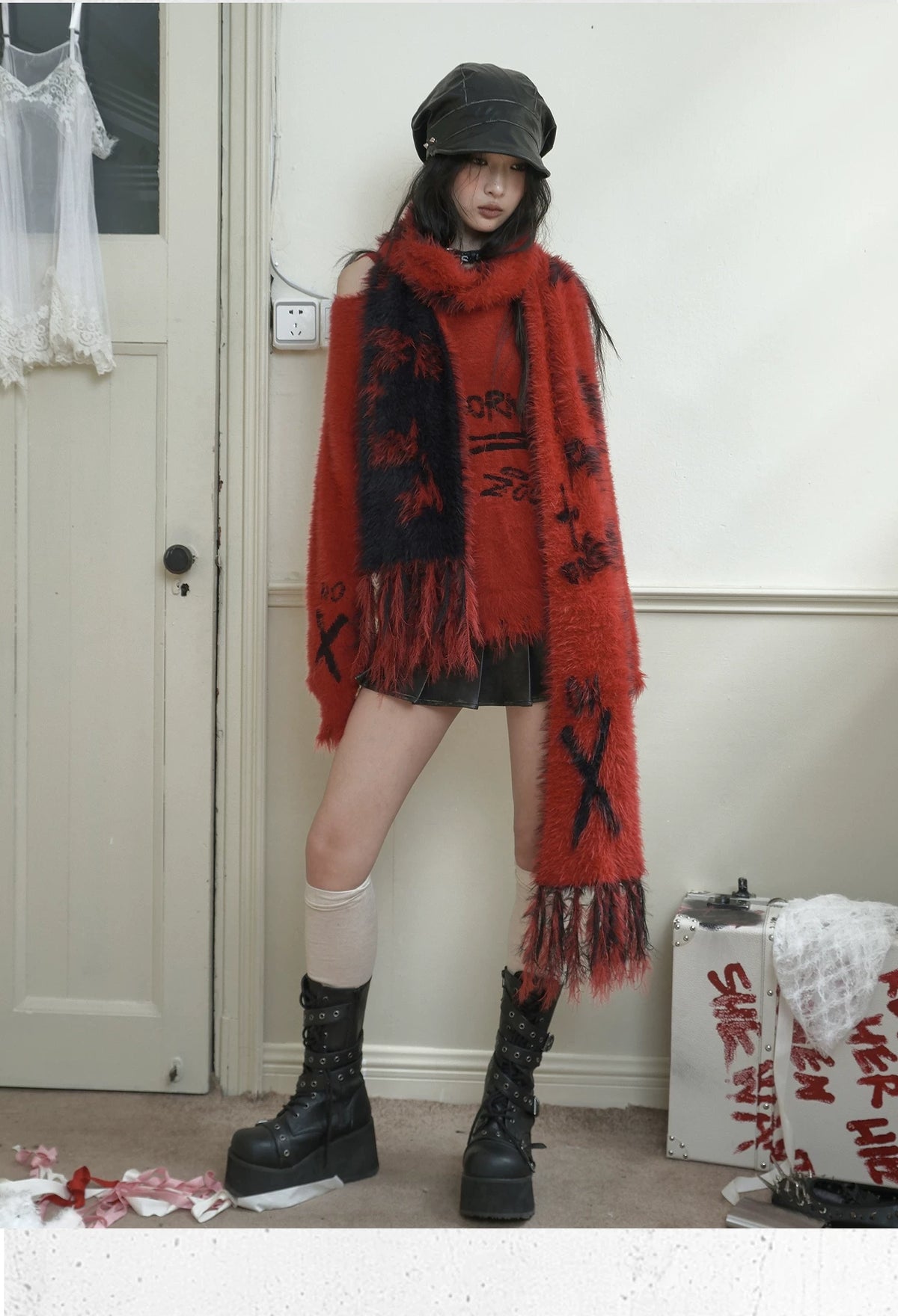 Washed Pleated PU Leather Short Skirt