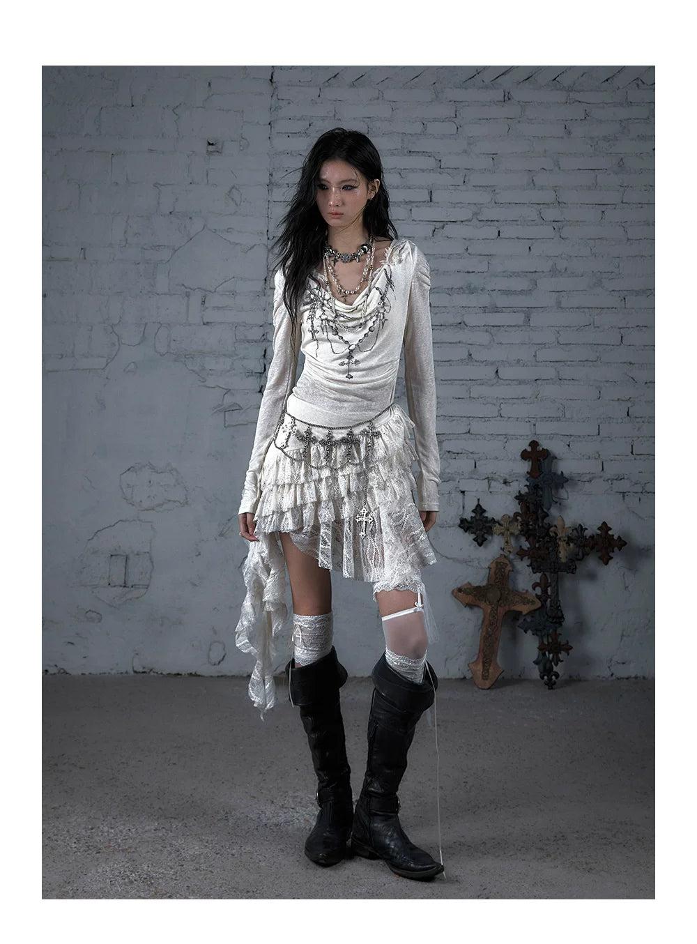 Lace Hooded Asymmetric Ruffle Dress