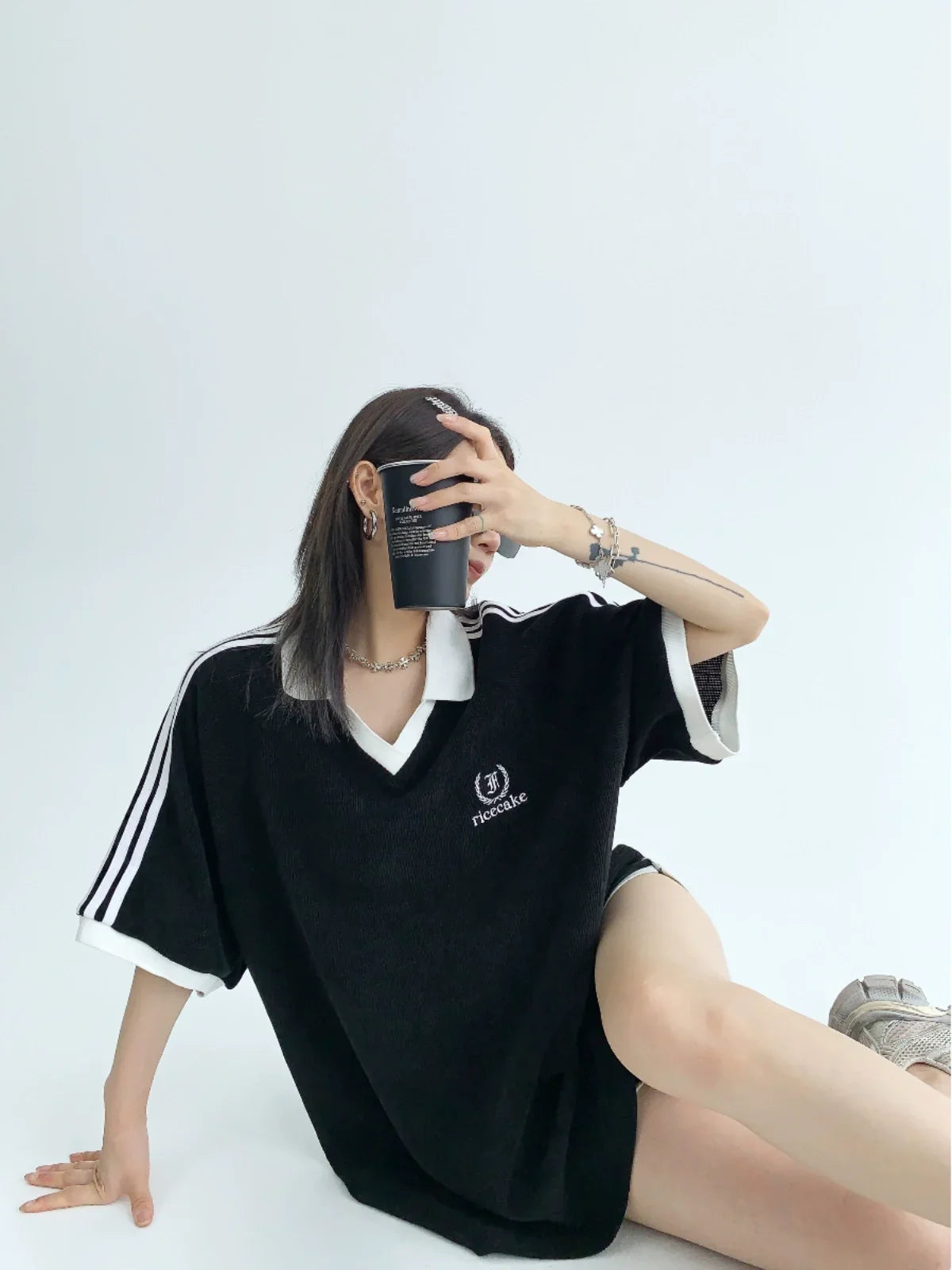 Oversize V-Neck Short Sleeve Polo Shirt