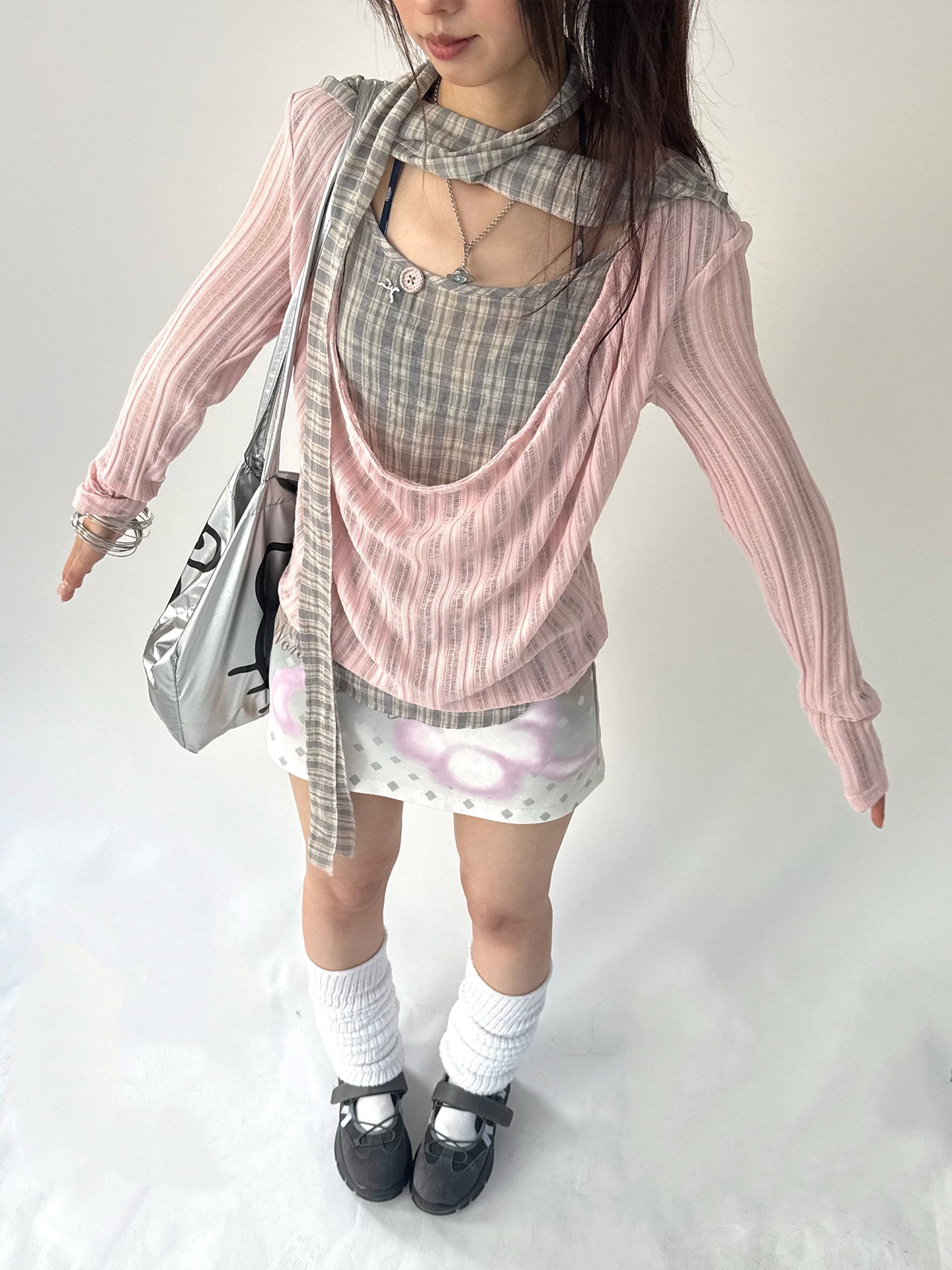 Plaid Ripped Fake Layered Long Sleeve T-Shirt