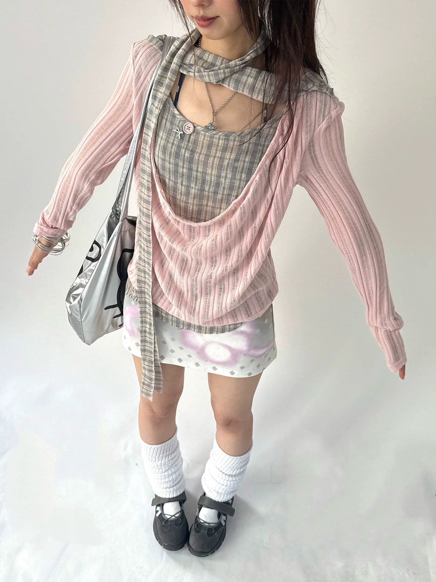 Plaid Ripped Fake Layered Long Sleeve T-Shirt