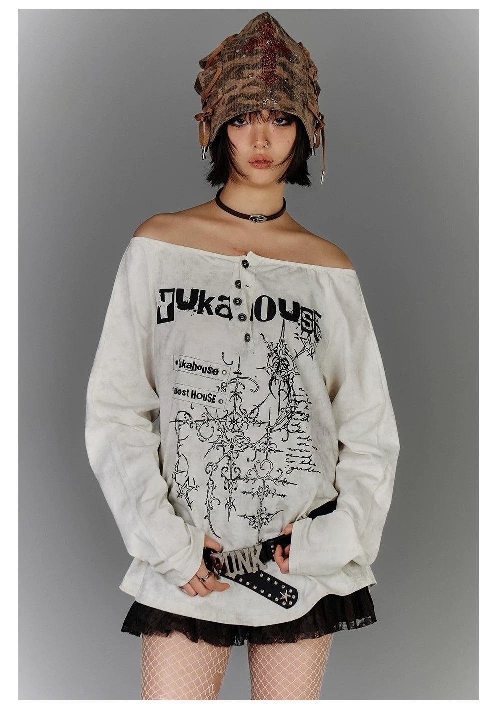 Off-Shoulder Graphic Print Button Long Sleeve T-Shirt
