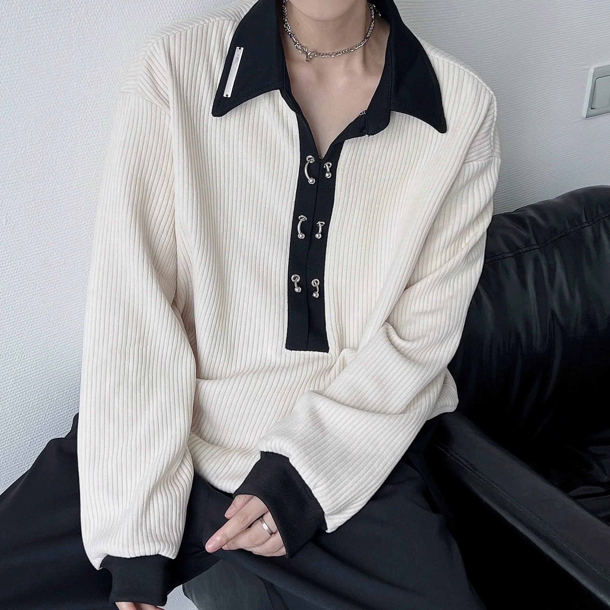 Metal Button Long Sleeve Polo Shirt