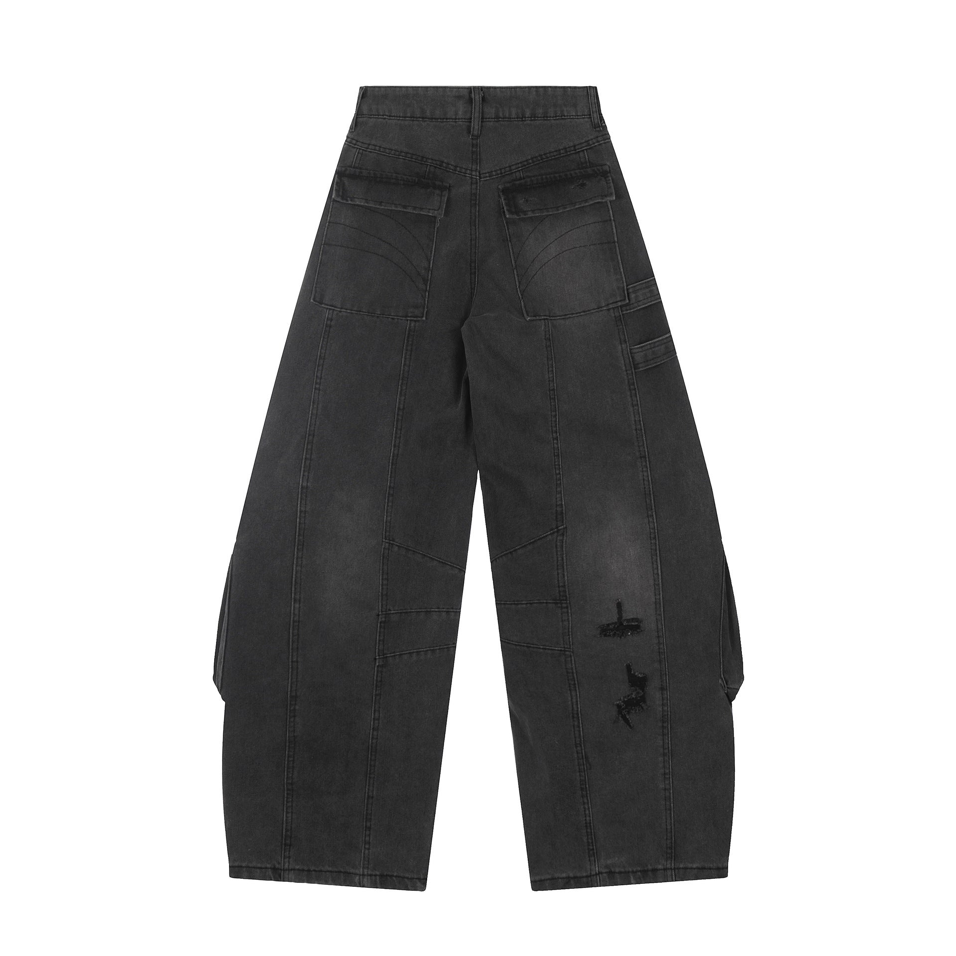 Washed Curved Multi Pocket Wide Leg Cargo Denim Jeans