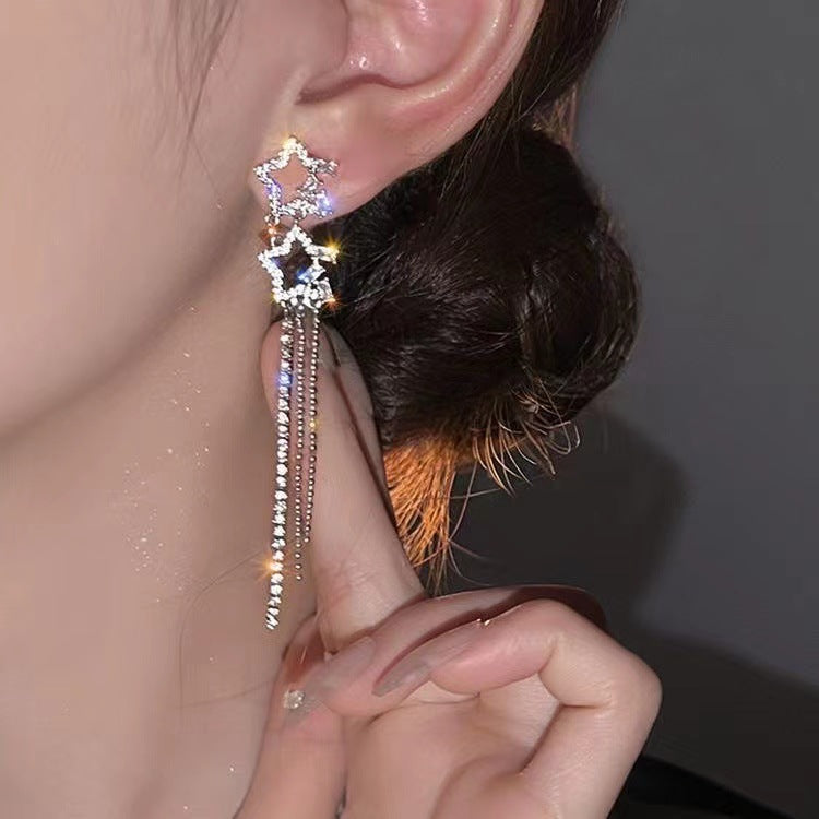 New Net Red Tassel Earrings Hollow Star Earrings Niche Design Double Five-Pointed Star Stud Earrings Premium Earrings