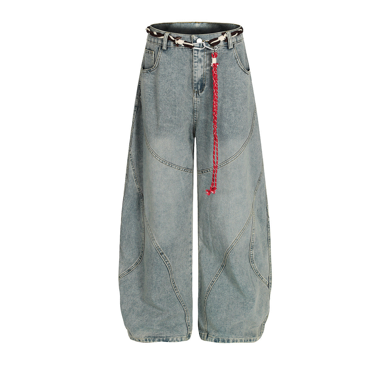 Belt Curved Wide Leg Denim Jeans