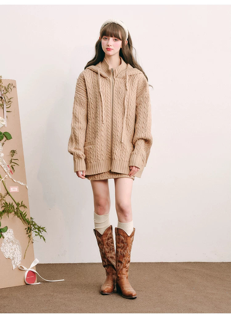 Bunny Hare Ear Hooded Zipper Knit Cardigan & Knit Skirt Setup