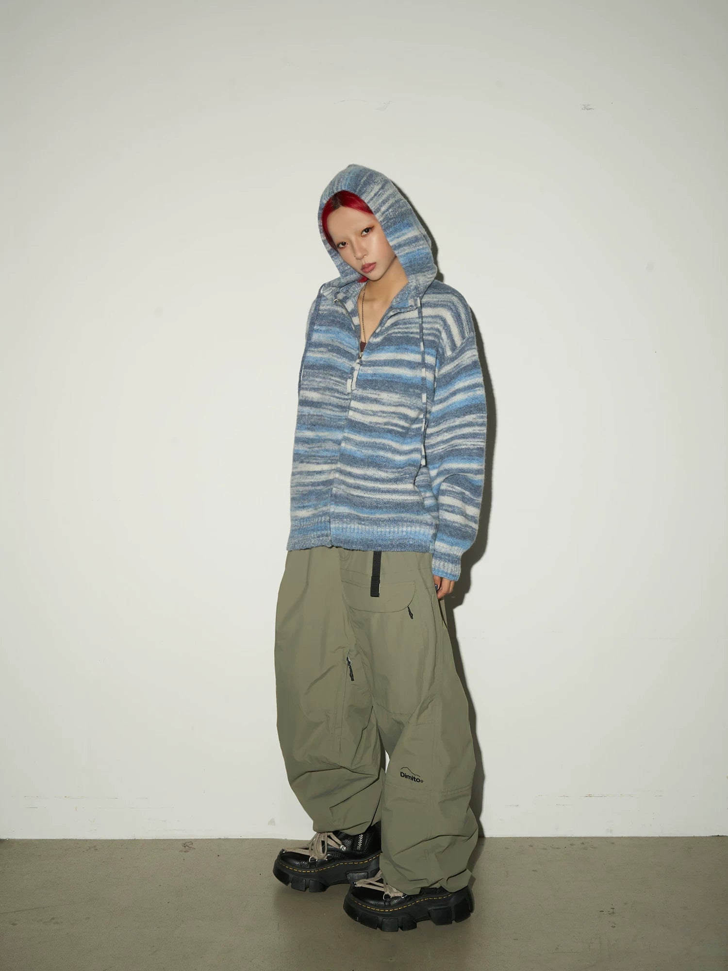 Stripe Hooded Zipper Knit Cardigan