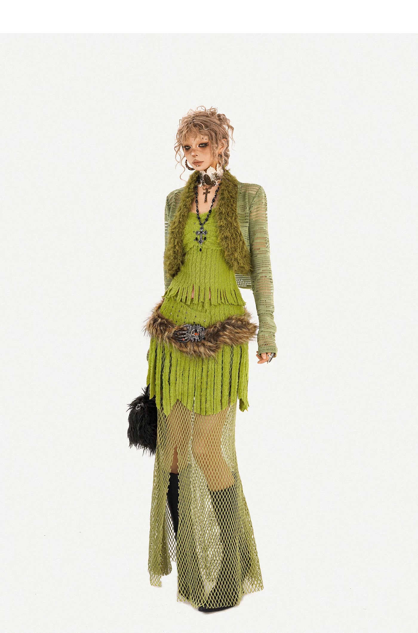 Fake Fur Patchwork Mesh Knit Cardigan & Tube Top & Mesh Long Skirt Setup