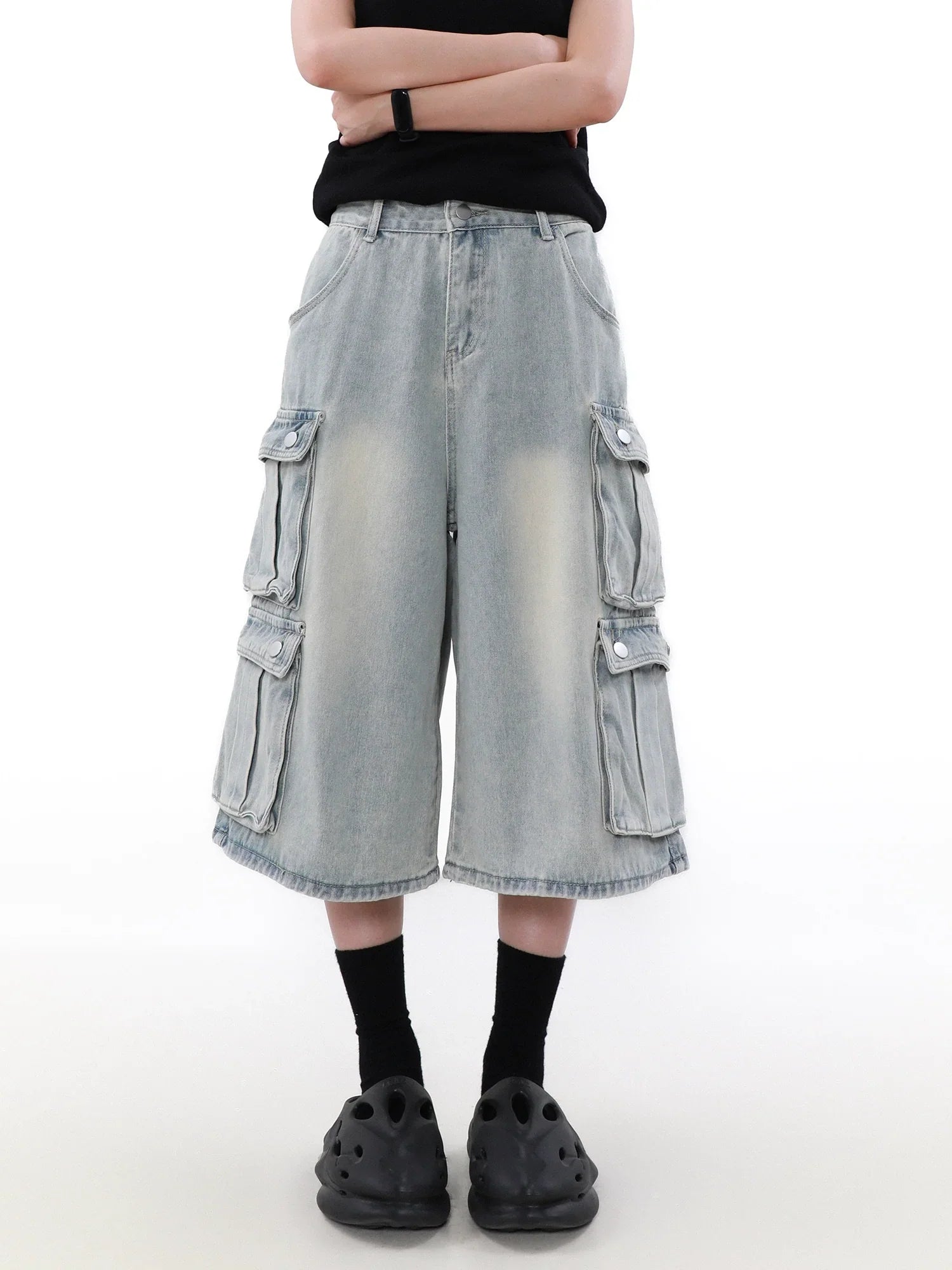 Wash Multi Pocket Ankle-length Wide Leg workwear Denim Jeans