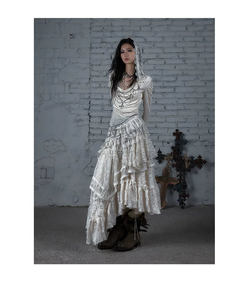 Lace Hooded Asymmetric Ruffle Dress