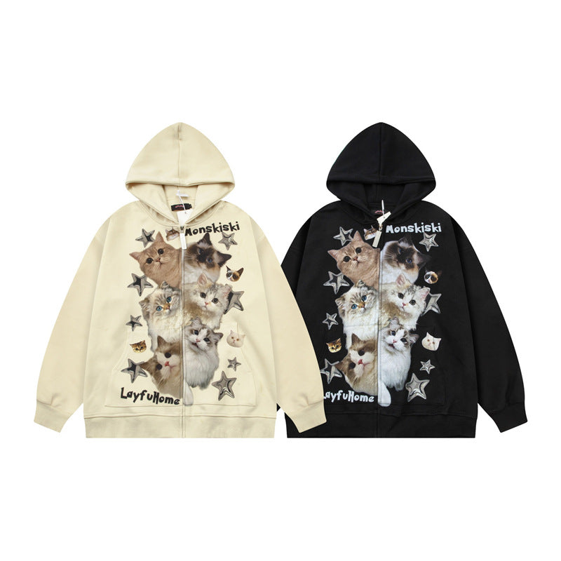 Felpa con cappuccio oversize con cerniera e grafica a forma di gatto