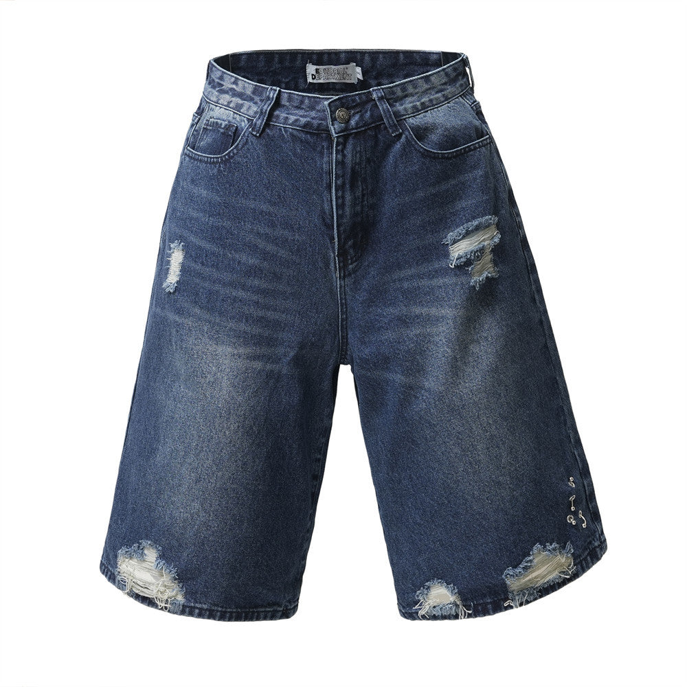 Pierced Distressed Denim Shorts