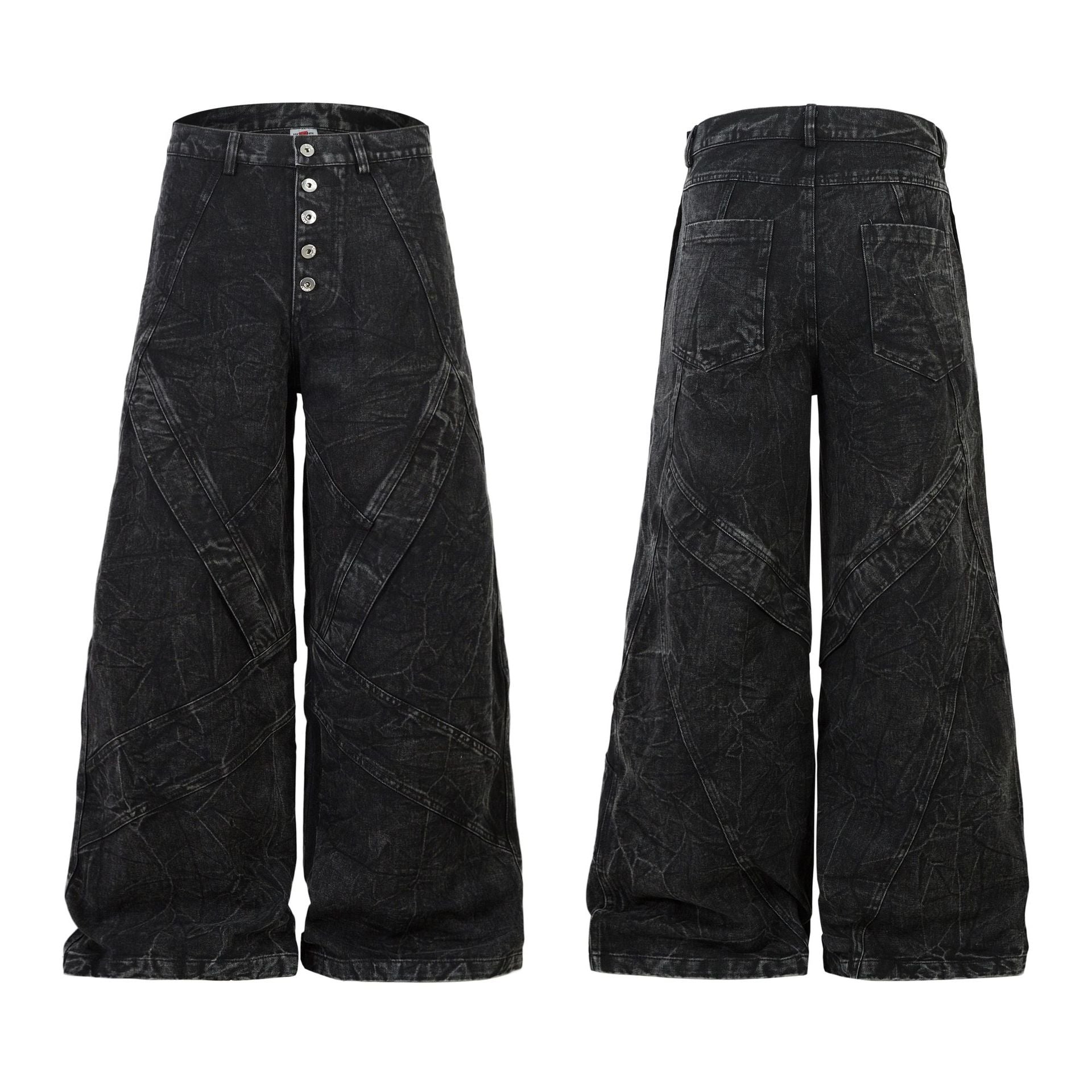 Washed Crinkle Button Fly Wide Leg Denim Jeans