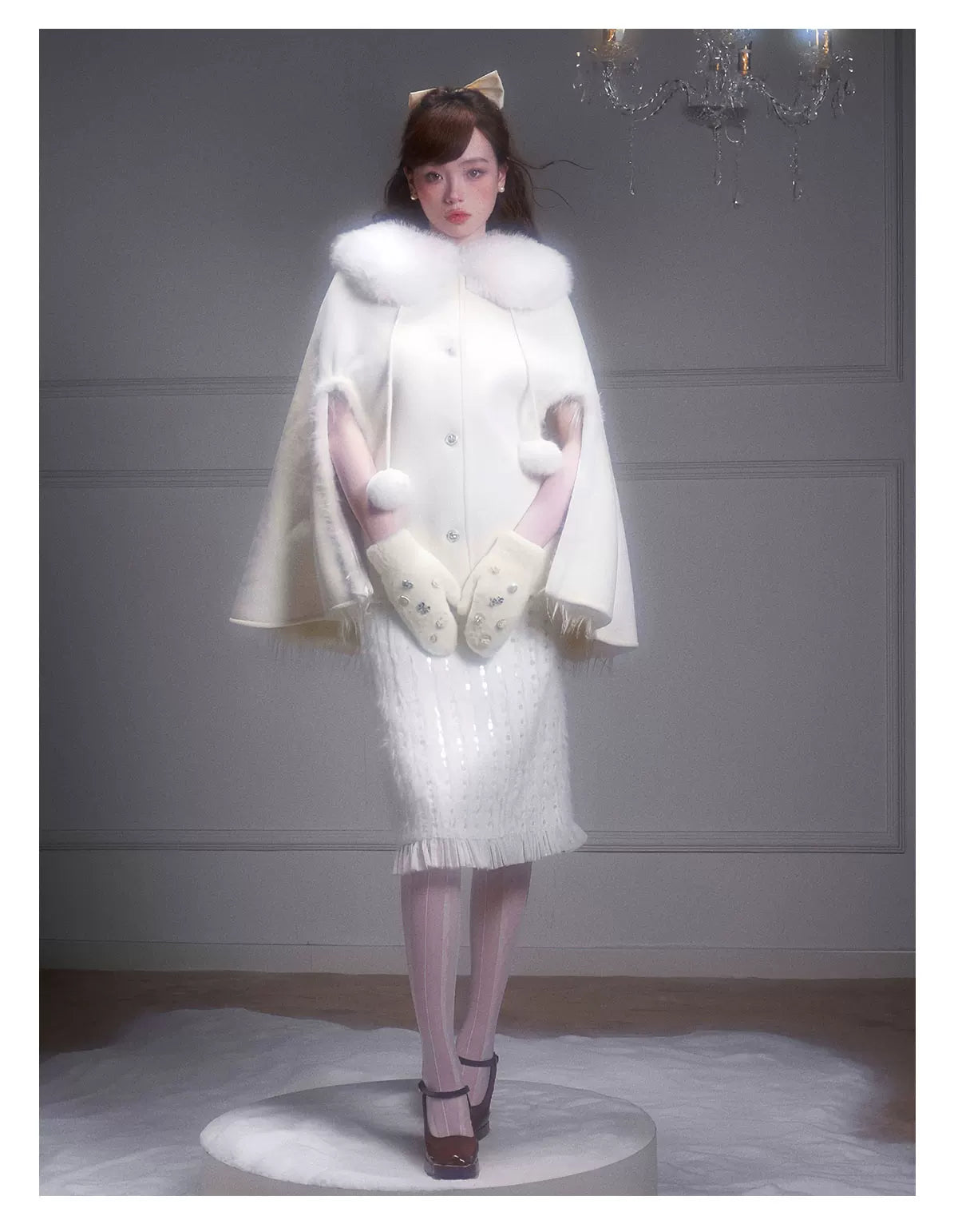 Eco Fur Warm Jacket & Short Skirt & Long Skirt Setup