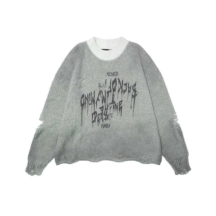 Unisex Ripped Round Neck Knitted Sweater