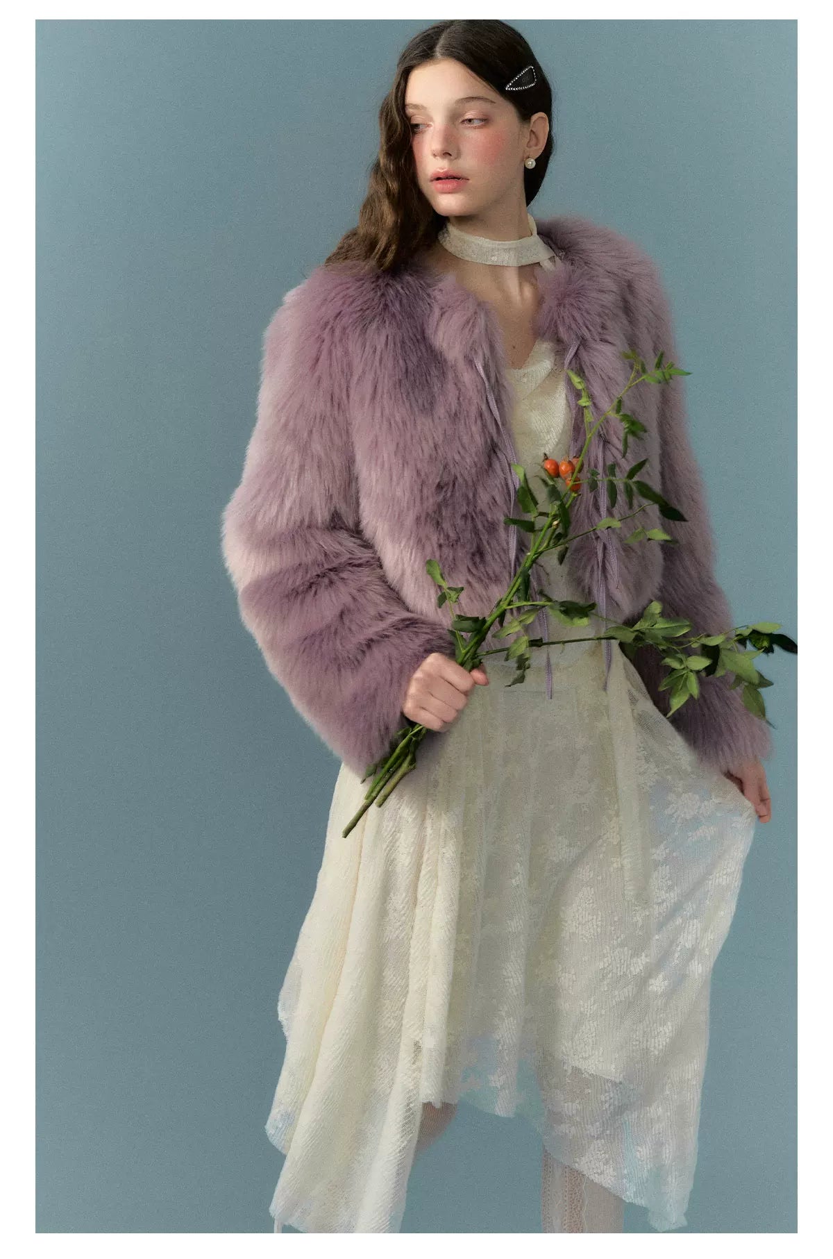 PU Leather Mix Bow Fur Jacket