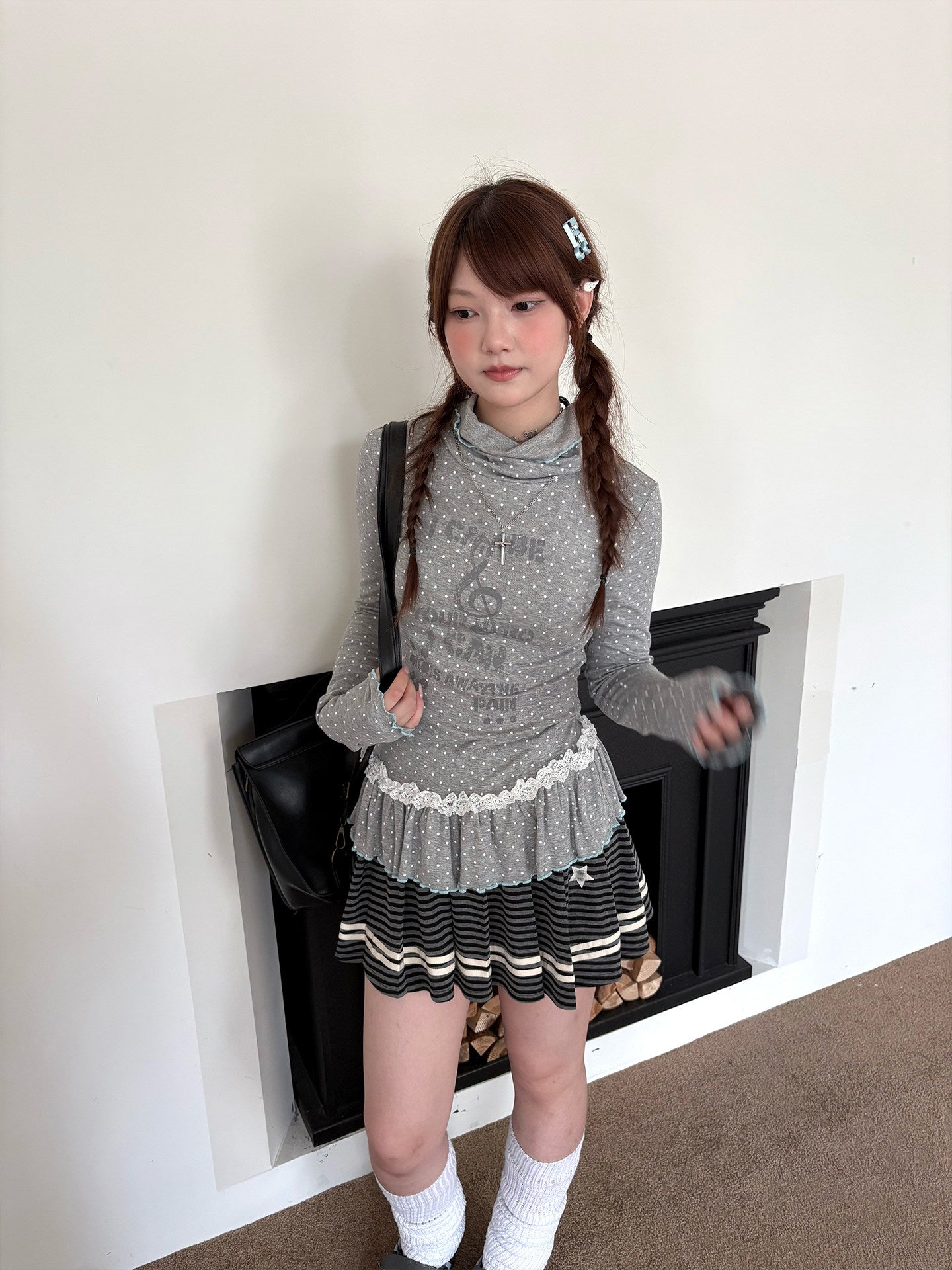 Polka Dot Lace High-Neck Long Sleeve T-Shirt