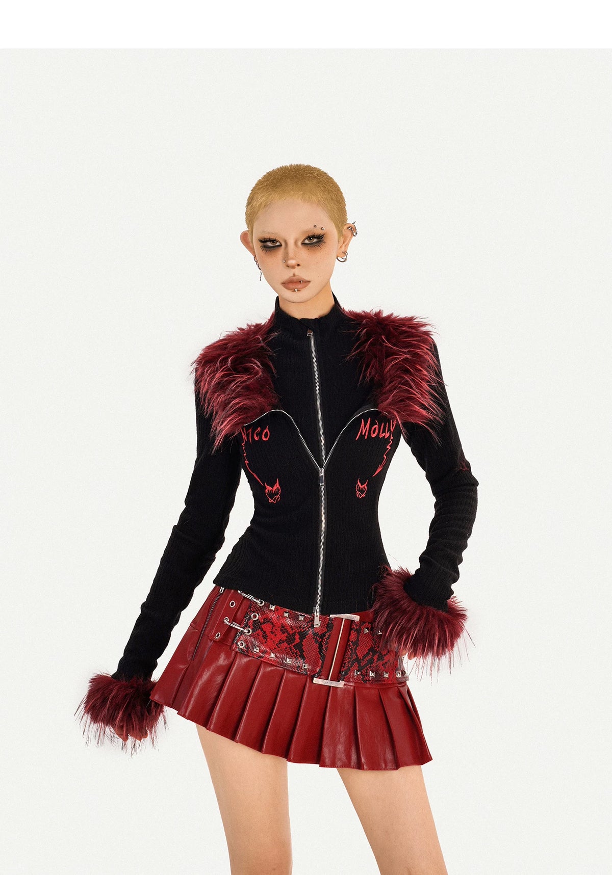 Fake Layered Double Zipper Flame Fake Fur Collar Knit Cardigan