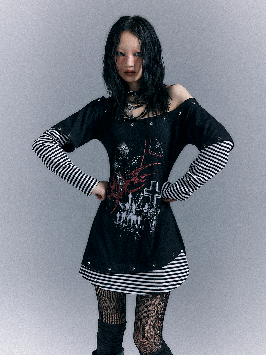 Light Punk Stripe Long Sleeve Graphic Waist-Cinching T-Shirt Dress