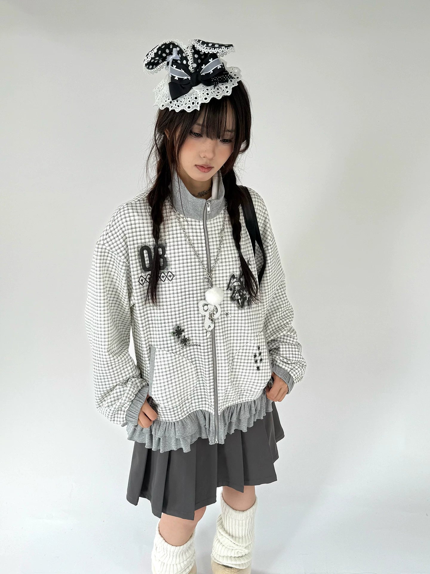 Checkered Ruffle Hem Oversize Zipper Hoodie