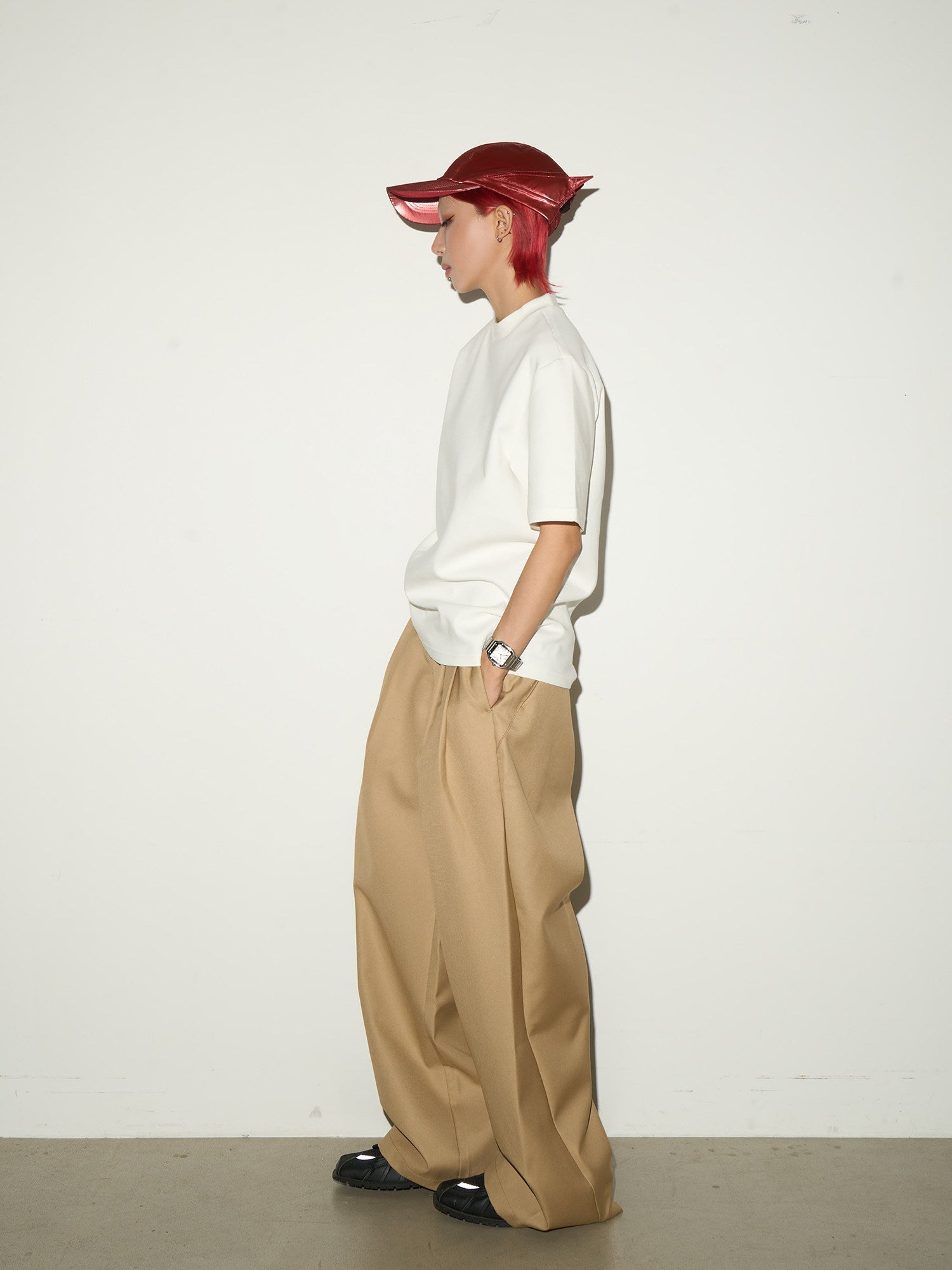 Double Pleats Elastic Waist Straight Trousers