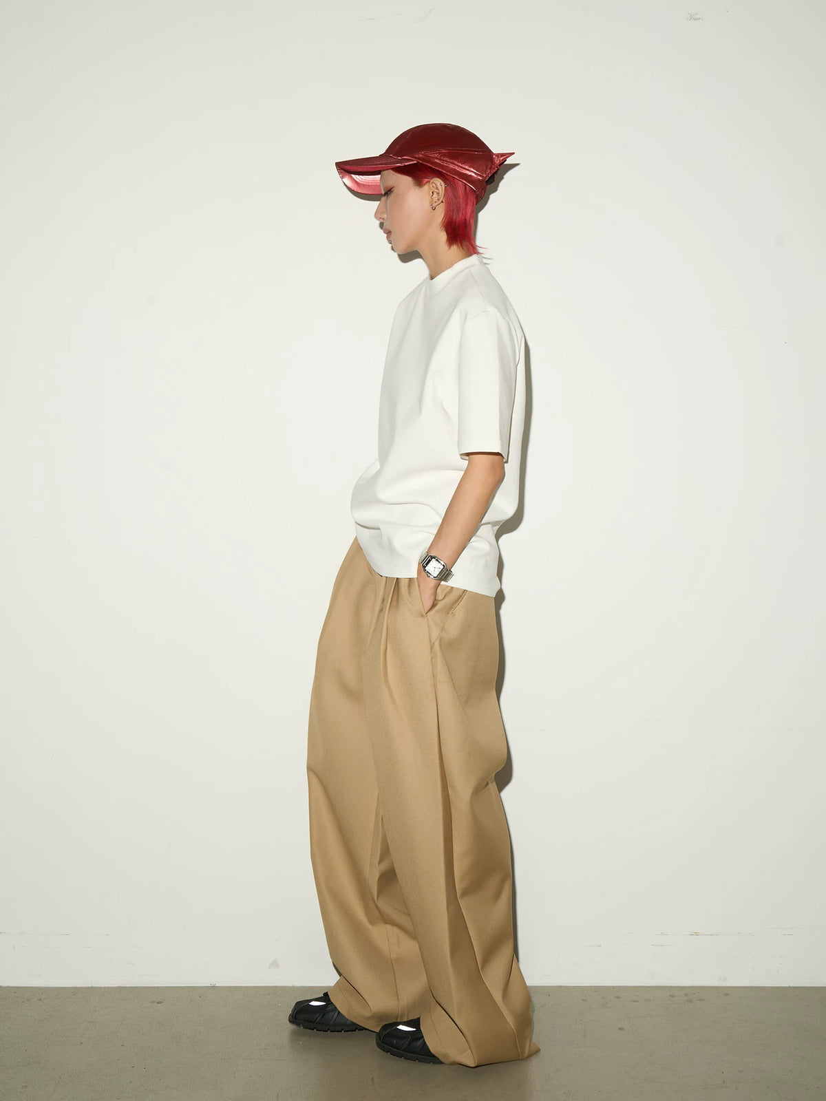 Double Pleats Elastic Waist Straight Trousers