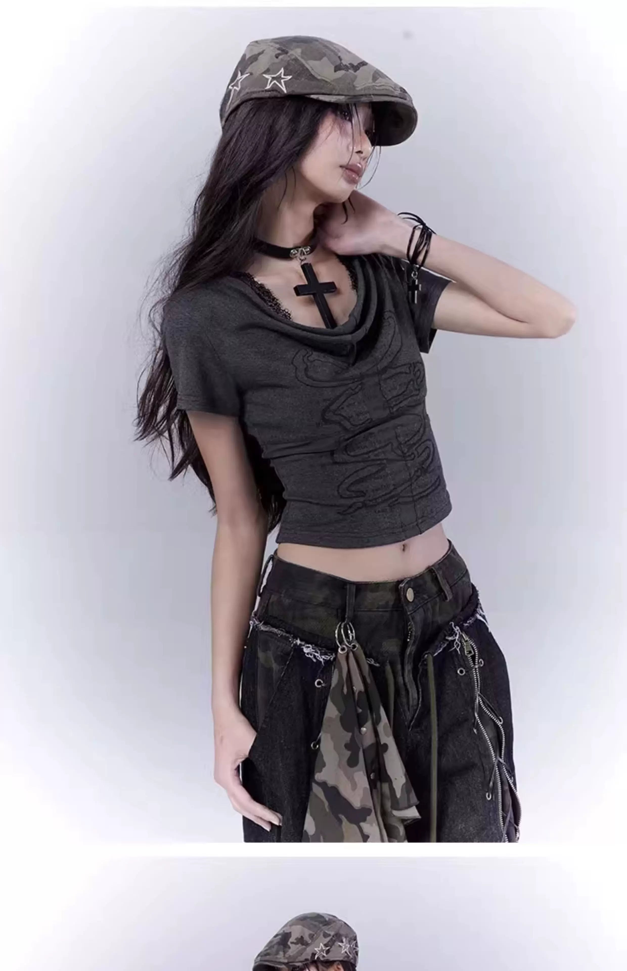 Cutout Cross Print Lace Short Sleeve T-Shirt