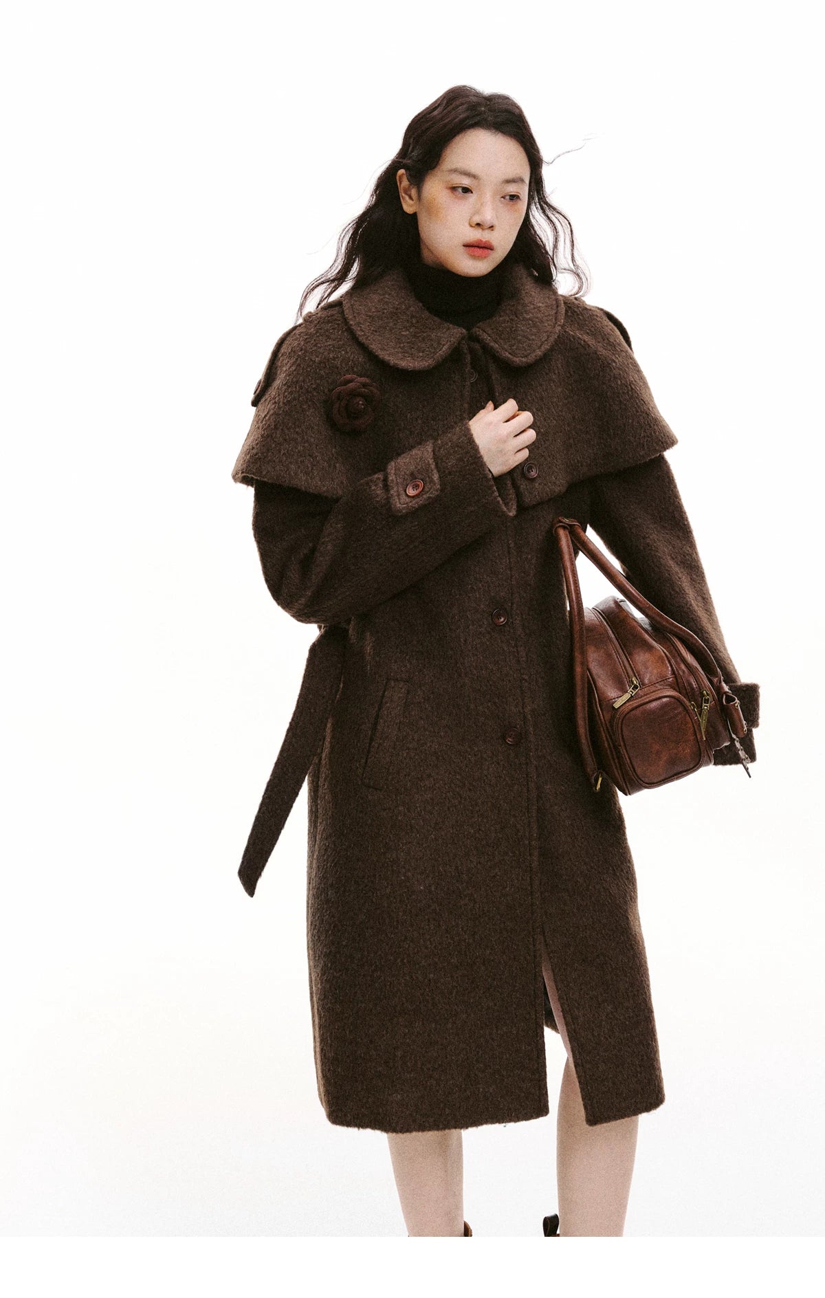 Cape Collar & Flower Detail Belted Coat