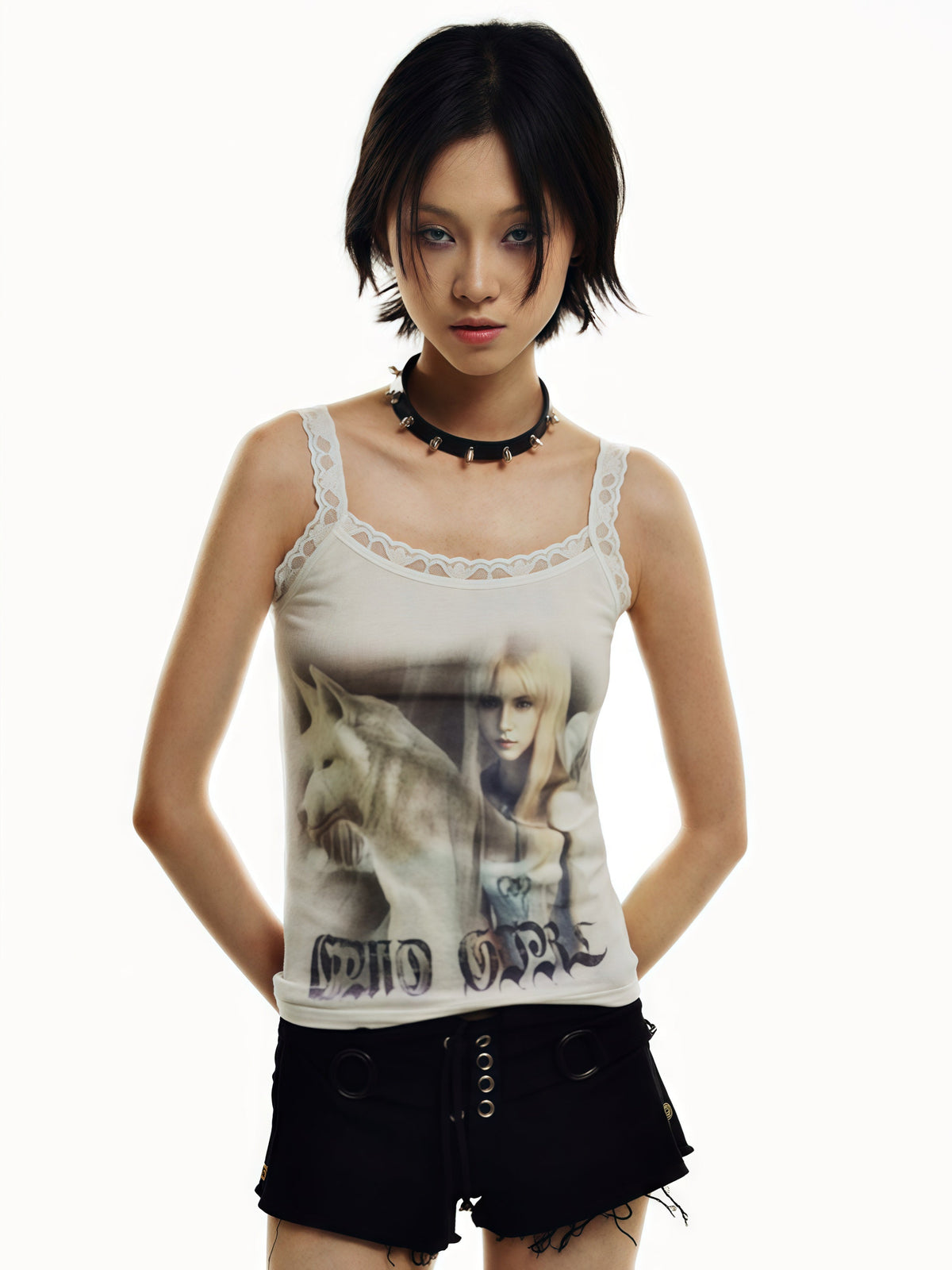 Angel Wolf Print Y2k Style Lace Camisole